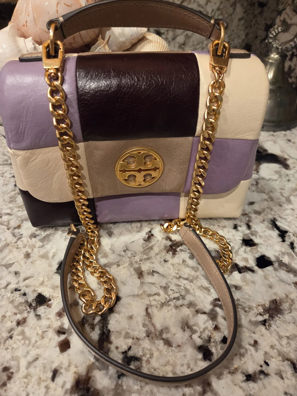 Tory Burch Patchwork Leather Shoulder Bag in Lavender, Cream & Brown